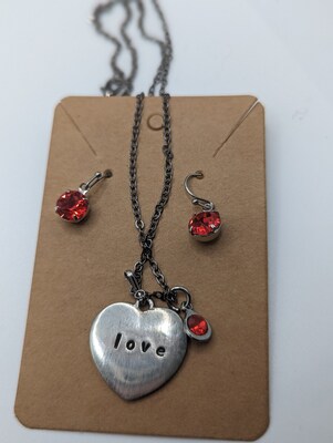 Ruby Earrings and Hand Stamped Love Necklace Set - image1